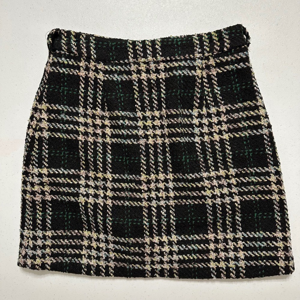 Lili Sidonio Black Tartan Plaid Wool Blend Tweed Mini Skirt Pencil Belt‎ Loops S